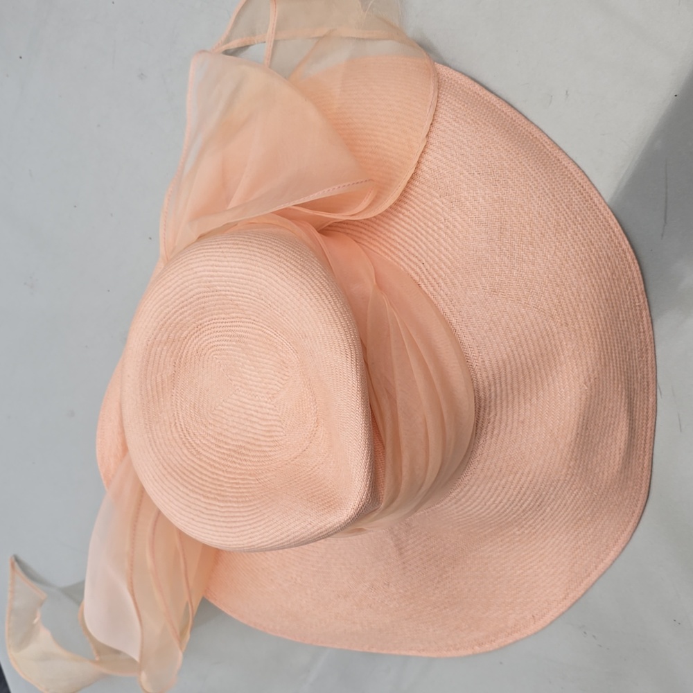 Vintage 1950's  Miss Nancy Pale BLUSH Floppy Women's Hat  Chiffon Bow Sz 22 L